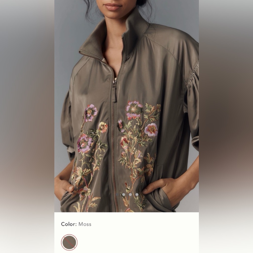 Anthropologie Embroidered Moss Bomber Jacket